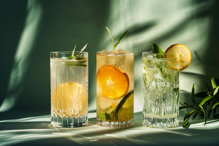 Three refreshing citrus cocktails with shadows of leaves on a light background.の素材