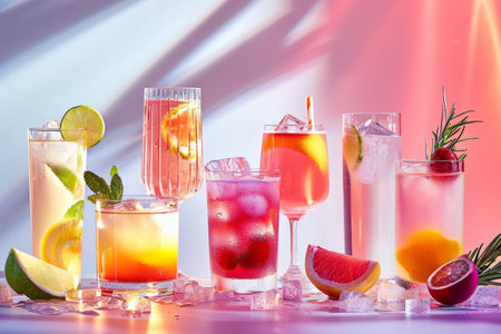 Assorted refreshing summer cocktails with fruit garnishes on a colorful background with shadows.の素材