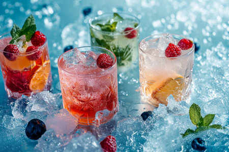 Assorted refreshing cocktails with ice, berries, and mint on a blue background.の素材