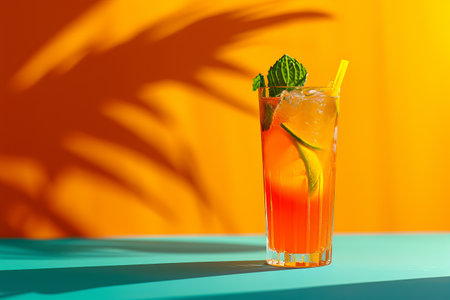 Refreshing summer cocktail with mint garnish on a colorful background with shadows.の素材