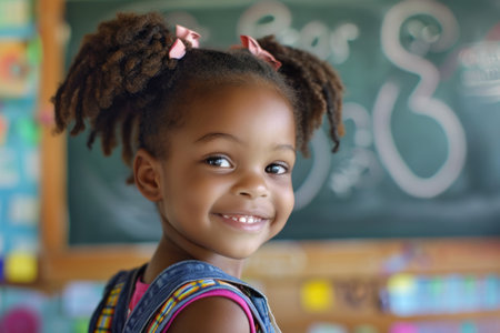 Smiling young girl with braids in a classroom, chalkboard in the background.の素材