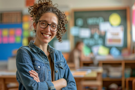 Smiling female teacher with curly hair standing in a classroom, arms crossed, with a blurred background.の素材
