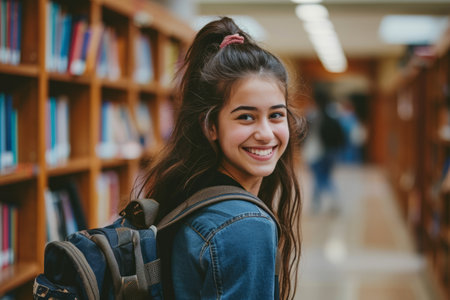 Smiling young female student with backpack standing in library aisle.の素材