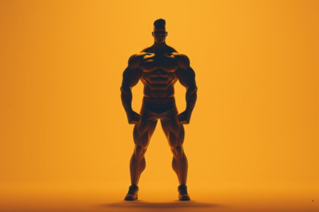 Silhouette of a muscular man against an orange background, depicting strength and fitness.の素材