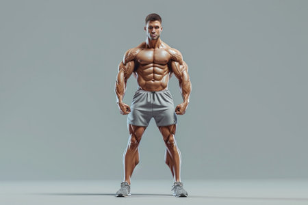 Muscular man posing in sportswear against a gray background, showing fitness and strength.の素材