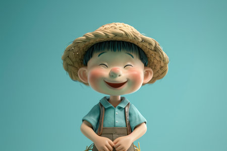 Cheerful cartoon farmer boy with a straw hat and wheat ears, isolated on a teal background.の素材