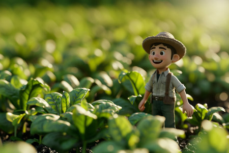 Toy farmer figure in a field of green plants with sunlight filtering through.の素材