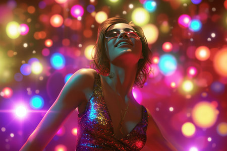 Woman enjoying a vibrant party atmosphere with colorful bokeh lights.の素材