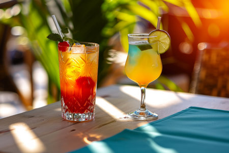 Two refreshing cocktails on a sunny outdoor table, with a vibrant bokeh background.の素材