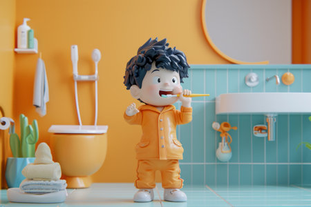 Toy figure brushing teeth in a colorful bathroom setting, promoting dental hygiene.の素材