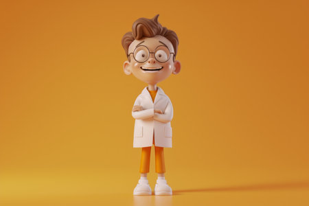 3D cartoon scientist character with glasses and lab coat on orange background.の素材