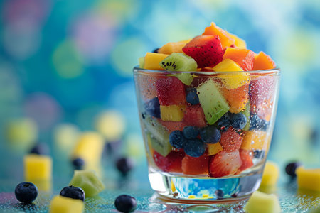 Glass of mixed fresh fruits on a colorful background.の素材