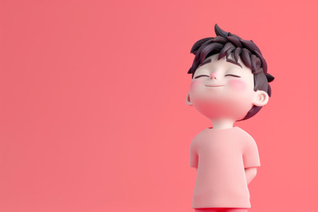 happy cartoon boy with closed eyes and a content smile on a pink background.の素材