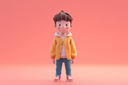 cute cartoon child with a yellow jacket on a pink background.の素材