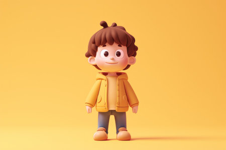 cartoon child with a yellow jacket on a plain orange background.の素材