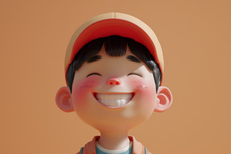 Close-up of a cheerful animated boy with a big smile, wearing a cap, on a warm beige background.の素材