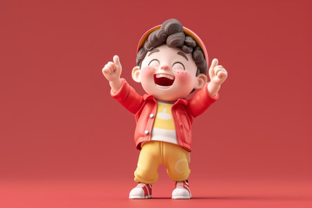 3D illustration of a cheerful animated boy in a red jacket and yellow pants on a red background, expressing joy with hands up.の素材