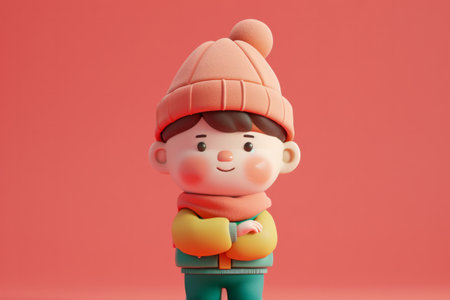 cheerful cartoon boy with messy hair and freckles on a vibrant red background.の素材