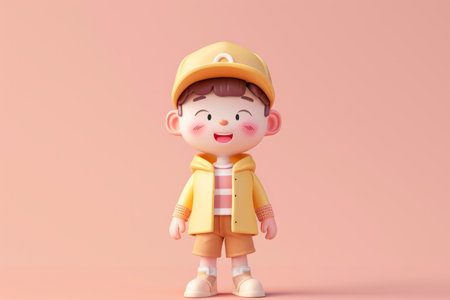 Adorable animated character in yellow raincoat and hat smiling on a pink background, ideal for children's content.の素材