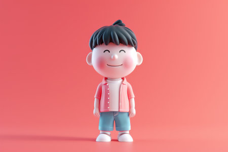 smiling cartoon boy with black hair, wearing a pink shirt and blue pants, standing against a plain red background.の素材