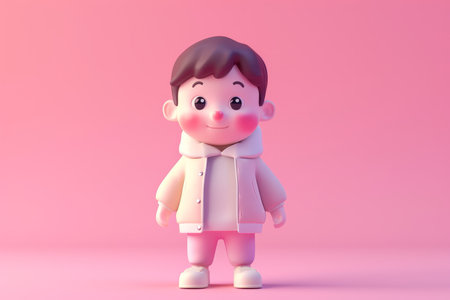 cartoon boy with rosy cheeks, wearing a white coat, on a pink background.の素材
