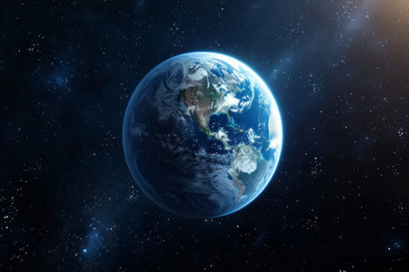 Planet Earth with a detailed view of continents, surrounded by the darkness of space and stars, depicting a realistic and vibrant Earth from space.の素材