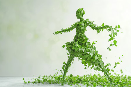 Conceptual image of a human figure made of green leaves, symbolizing eco-friendliness and harmony with nature.の素材