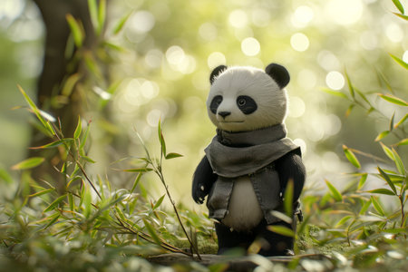 Toy panda in a scarf amidst greenery with soft-focus background.の素材