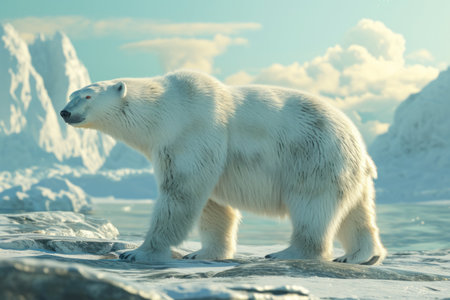 Polar bear standing on Arctic ice with a backdrop of icebergs under a clear blue sky.の素材