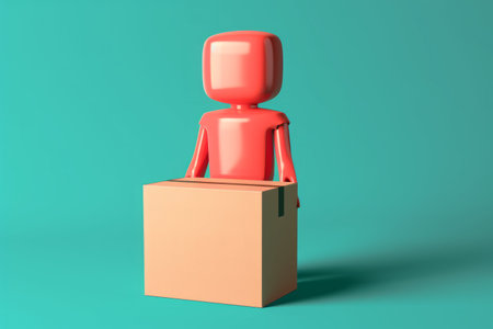 Abstract humanoid figure sitting on a box against a teal background. Minimalist concept.の素材