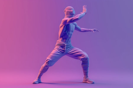 3D illustration of a futuristic human figure in a dynamic pose with neon lighting, highlighting anatomy and movement.の素材
