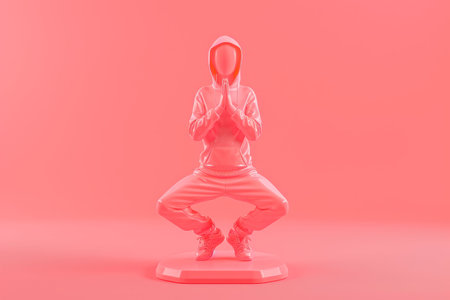 Monochromatic image of a red figurine in a hoodie posing on a pink background, depicting urban street culture.の素材