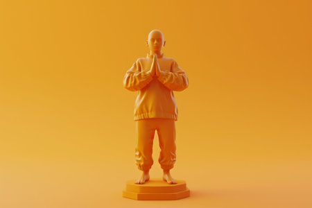 Monochromatic orange figurine of a man in casual attire on a matching orange background.の素材