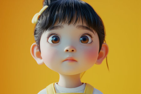 wide-eyed cartoon girl with a surprised expression, isolated on a yellow background.の素材
