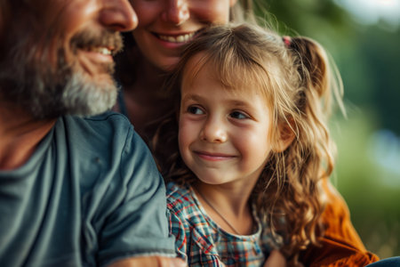 Happy family moment with a smiling child embracing her parents outdoors, depicting love and togetherness.の素材