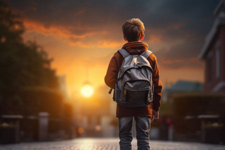 Back view of a young boy with a backpack walking towards a sunset in a quiet urban street, symbolizing hope, education, and the journey of growing up.の素材