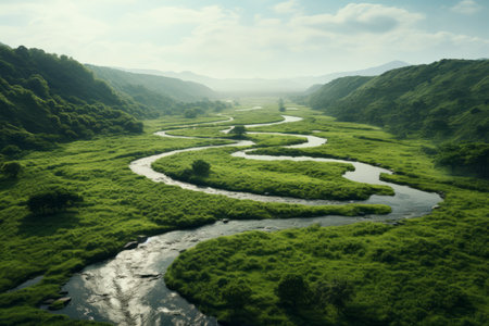 Aerial view of a winding river flowing through a lush green valley with hills on either side.の素材