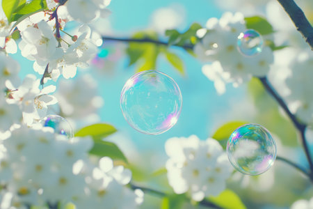 Delicate white blossoms bloom on branches under a bright sky. Colorful bubbles float gently nearby, adding a playful touch to the serene garden scene during springtime.の素材