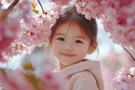 A young girl with a joyful expression stands among blooming cherry blossom trees, surrounded by delicate pink flowers during a sunny spring day.の素材
