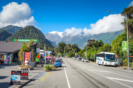 Franz Josef, New Zealand - Feb 28, 2015: A little town with a unique ice glacier landscape and a range of outdoor activities on offer.のeditorial素材