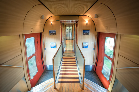 Kyushu, Japan - Dec 2, 2018: The interior of Yufu no Mori cabin, the express tour train.のeditorial素材