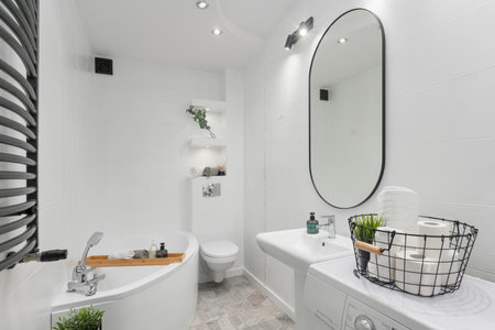 Modern White Bathroom with Bathtub, Sink and Toilet