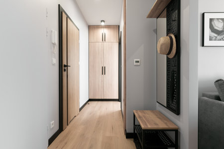Modern Entryway with Wooden Accents and Hat Rackの写真素材