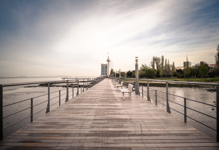 Wooden Pier at Parque das NaÃ§Ãµes in Lisbon, Portugalの写真素材