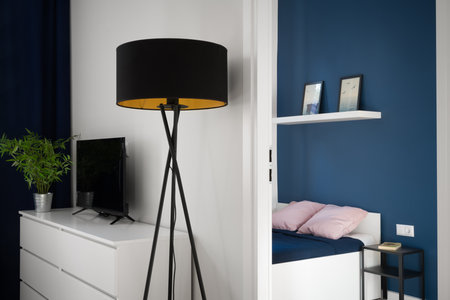 Modern Interior with Living Room and Bedroom Viewの写真素材