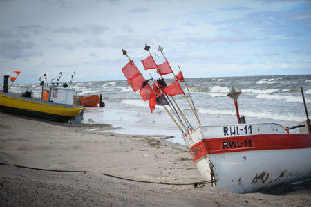 Fishing Boats and Seagulls at the Beachの写真素材