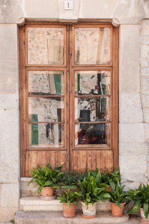 Rustic Wooden Double Doors with Plants in Potsの写真素材