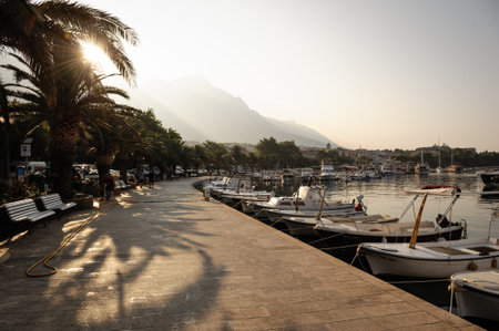 Baska Voda, Croatia Waterfront at Sunriseの写真素材