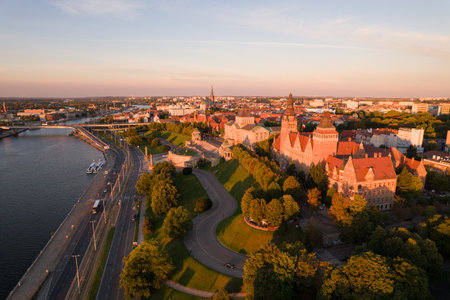 Szczecin's Waterfront Cityscape Aerial View: Historical Architecture - the embankments of the Brave,...