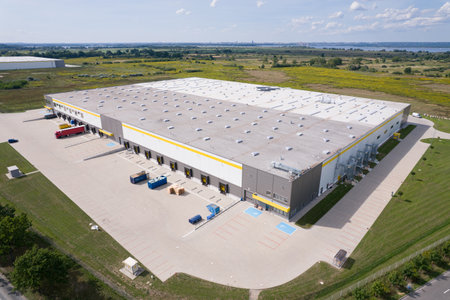 Distribution Center: Aerial View of Logistics Warehouse.